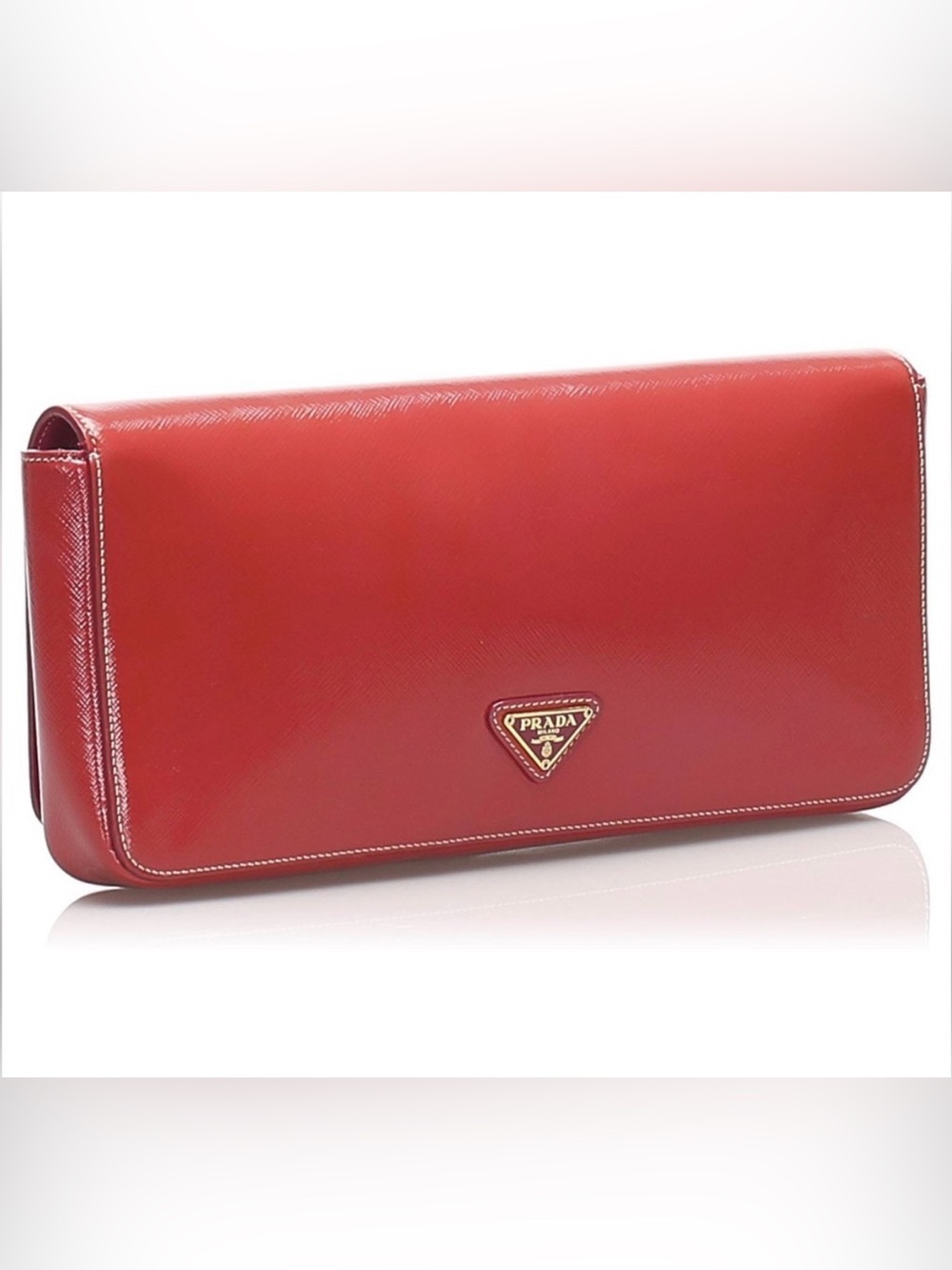 PRADA Red Saffiano Leather Vernice Clutch with Gold Hardware